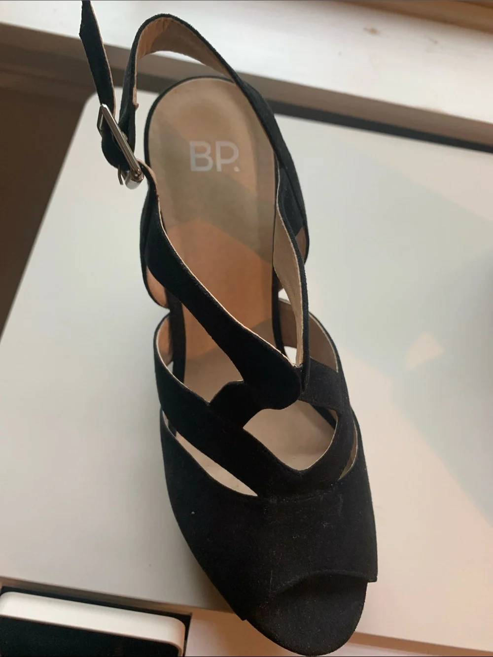 bp Black Suede Strappy Peep-Toe Wedge Sandals